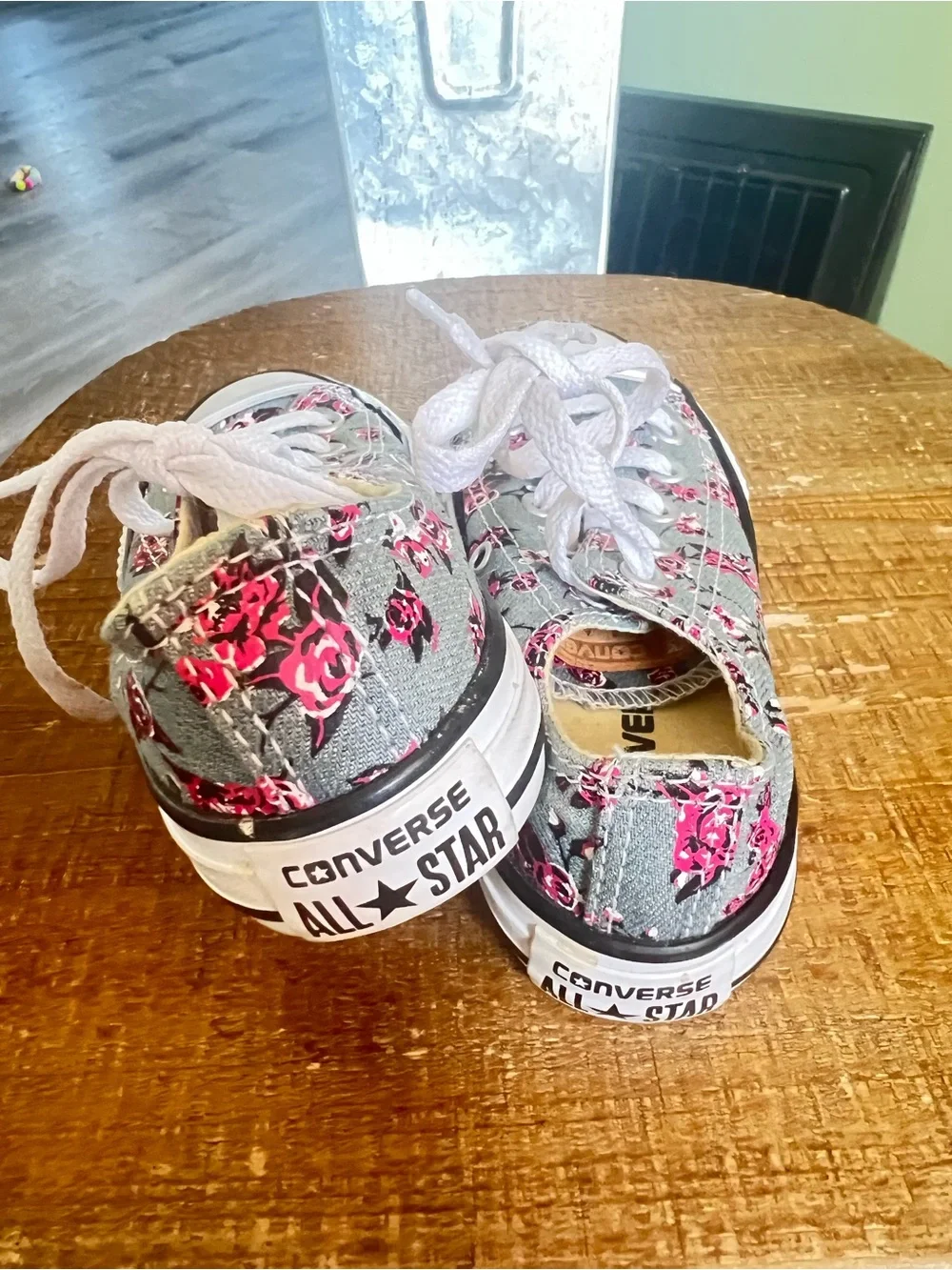 Converse Kids Floral Green Canvas Sneakers with Pink Rose Print